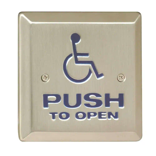 Camden CM-46/4 4-1/2 Square Push Plate Switch Exposed Screws SPDT Relay 'Push to Open' Text/Wheelchair Symbol Satin Stainless Steel Finish CM-46/4