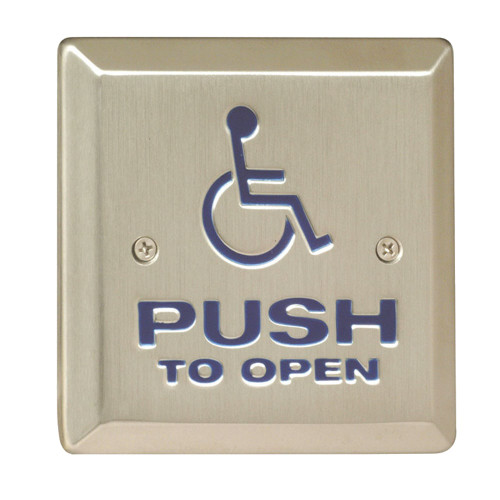Camden CM-46/4 4-1/2 Square Push Plate Switch Exposed Screws SPDT Relay 'Push to Open' Text/Wheelchair Symbol Satin Stainless Steel Finish