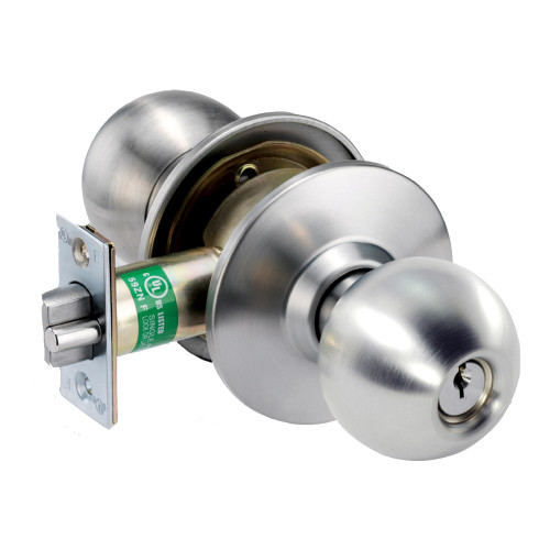 Arrow HK11-BB-630-CS Grade 1 Turn-Pushbutton Entrance Cylindrical Lock Ball Knob Conventional Cylinder Schlage C Keyway Satin Stainless Steel Finish Non-handed