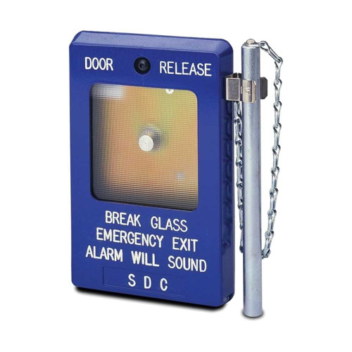 SDC 491 Emergency Door Release Blue Break Glass Station 2-SPDT 10 Amp Contacts with Built in Local Alarm 12/24V 2 Replacement Glass Included Single Gang Box Mount 491