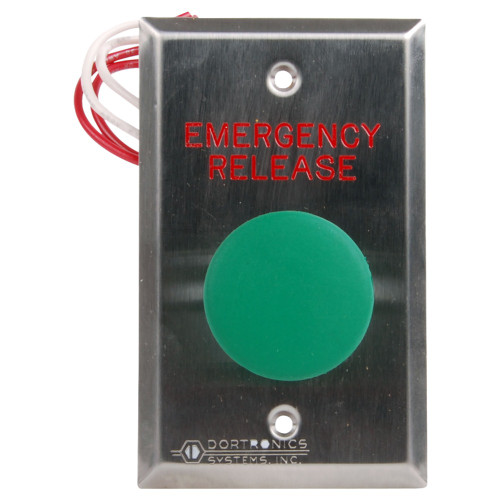 Dortronics 5211-MP23DA/GXE3 5210 Series Exit Push Button 1-9/16 Diameter Mushroom Button with Form Z Pneumatic 2-60 Delay Green Button Stainless Steel Plate Engraved EMERGENCY RELEASE