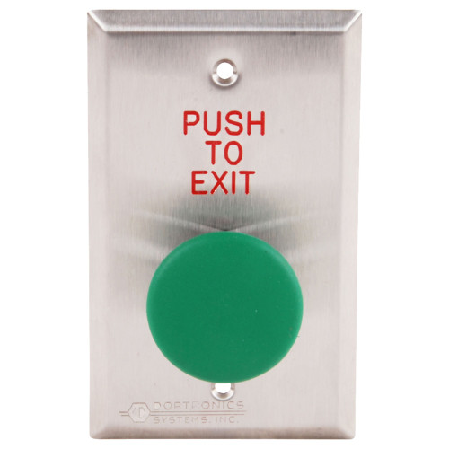 Dortronics 5211-MP23DA/GxE1 5210 Series Exit Push Button 1-9/16 Diameter Mushroom Button with Form Z Pneumatic 2-60 Delay Green Button Stainless Steel Plate Engraved PUSH TO EXIT