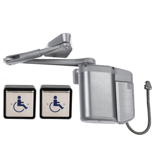 Norton 5845xSQPB 689 Kit includes ADAEZ PRO Door Operator Push or Pull Side Double Lever and Parallel Arms ADA1015P Hardwire Kit Two Square Style Push Buttons Pull Side Regular Arm Aluminum