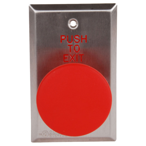 Dortronics 5216-MP23DA/RxE1 5210 Series Exit Push Button 2-3/8 Diameter Palm Button with Form Z 2-60 Second Pneumatic Delay Single Gang Mount Red Button Stainless Steel Plate Engraved PUSH TO EXIT