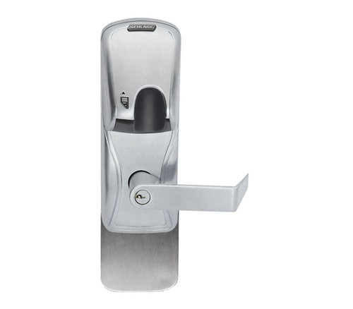 Schlage Electronics AD200993S70MGRHO626PRR AD-200 Standalone Electronic Lock Surface Vertical Rod Exit Trim Classroom Function Magnetic Stripe Reader Insertion Rhodes Style Lever With Schlage Standard Cylinder Satin Chrome AD200993S70MGRHO626PRR