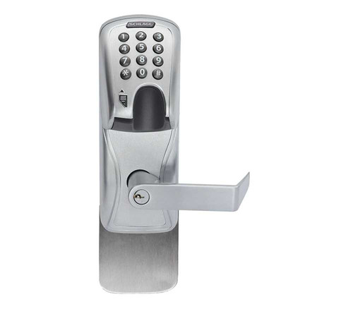 Schlage Electronics AD200993S70MGKRHO605PRR AD-200 Standalone Electronic Lock Surface Vertical Rod Exit Trim Classroom Function Magnetic Stripe Reader Insertion and Keypad Rhodes Style Lever With Schlage Standard Cylinder Bright Brass AD200993S70MGKRHO605PRR