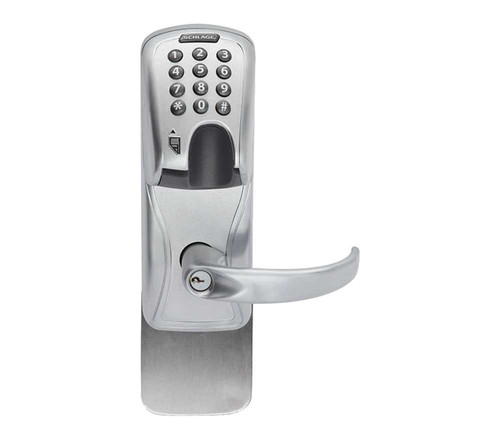 Schlage Electronics AD200993R70MGKSPA605LRR AD-200 Standalone Electronic Lock Rim/Concealed Exit Trim Classroom Function Magnetic Stripe Reader Insertion and Keypad Spartan Style Lever Less Schlage Standard Cylinder Bright Brass AD200993R70MGKSPA605LRR
