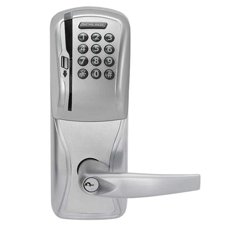 Schlage Electronics AD200993M70MSKATH625BRR AD-200 Standalone Electronic Lock Mortise Exit Trim Classroom Function Magnetic Stripe Reader and Keypad Athens Style Lever SFIC Prep Bright Chrome AD200993M70MSKATH625BRR