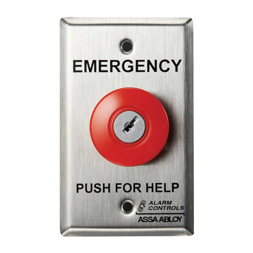 Alarm Controls KR-1 1-1/2 Red Mushroom Button EMERGENCY PUSH FOR HELP 1 NO 1 NC Lat Contacts Single Gang Key Reset Satin Stainless Steel KR-1