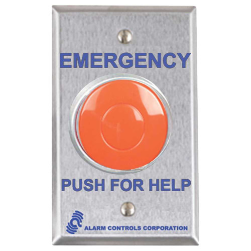 Alarm Controls PBL-1 1-1/2 Red Mushroom Button EMERGENCY PUSH FOR HELP 1 NO 1 NC Lat Contacts Single Gang Satin Stainless Steel PBL-1