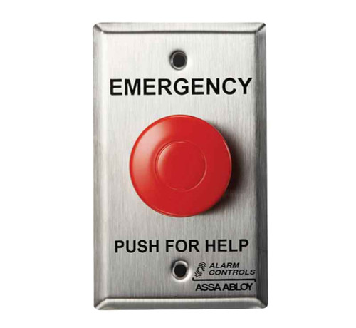 Alarm Controls PBM-1 1-1/2 Red Mushroom Button EMERGENCY PUSH FOR HELP 1 NO 1 NC Mom Contacts Single Gang Satin Stainless Steel