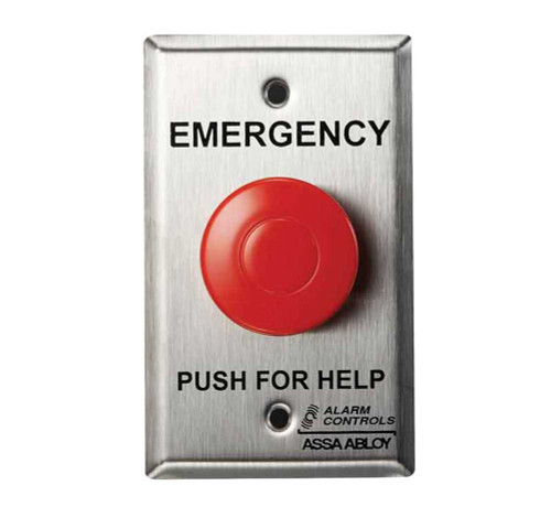 Alarm Controls PBM-1 1-1/2 Red Mushroom Button EMERGENCY PUSH FOR HELP 1 NO 1 NC Mom Contacts Single Gang Satin Stainless Steel PBM-1