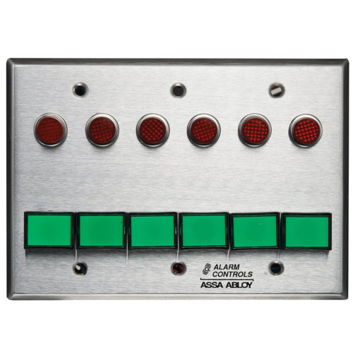 Alarm Controls SLP-6M Monitoring/Control Station Triple Gang Momentary 6 Green Pushbuttons 12VDC 6 Red LEDs Satin Stainless Steel