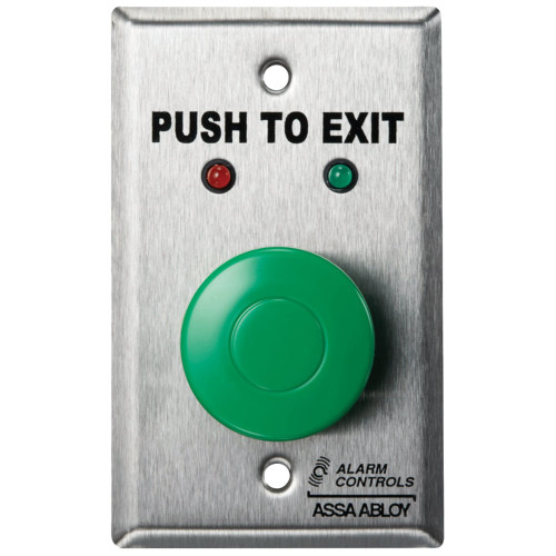 Alarm Controls TS-1 1-1/2 Green Mushroom Button PUSH TO EXIT Momentary Single Gang Satin Stainless Steel