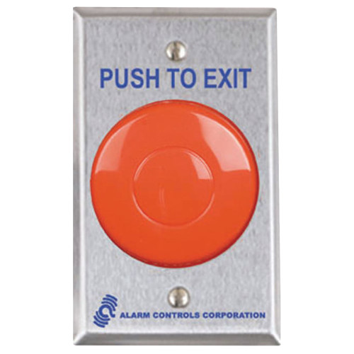 Alarm Controls TS-21R 2-1/2 Red Mushroom Button PUSH TO EXIT DPDT Momentary Single Gang Satin Stainless Steel