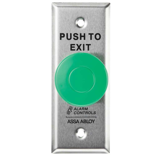 Alarm Controls TS-27 1-1/2 Dia Green Button PUSH TO EXIT Momentary Narrow Plate Satin Stainless Steel TS-27