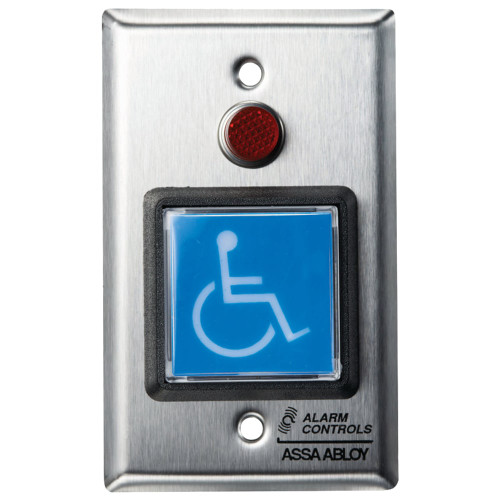 Alarm Controls TS-5 2 Blue Square Button ADA Symbol SPDT Momentary Red LED Single Gang Satin Stainless Steel