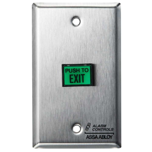 Alarm Controls TS-7 5/8 x 7/8 Green Button PUSH TO EXIT DPDT Momentary Single Gang Satin Stainless Steel TS-7