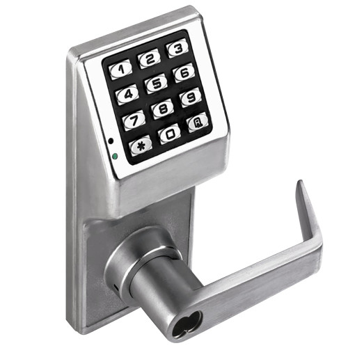 Alarm Lock DL2700LDIC US26D Grade 1 Pushbutton Cylindrical Lock 100 Users LocDown Straight Lever SFIC Prep Less Core Satin Chrome Finish