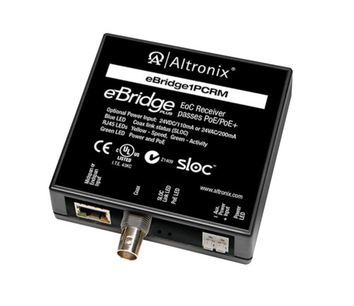 Altronix EBRIDGE1PCRM IP and PoE+ over Coax Receiver Input 24VDC/110mA or 24VAC/200mA Distance: Up to 100m
