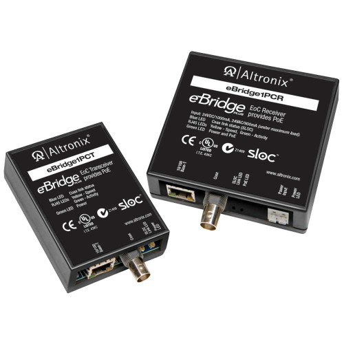 Altronix EBRIDGE1PCRT IP and PoE over Coax Solution eBridge1PCR Receiver and eBridge1PCT Hardened Transceiver Kit 24VDC Class 2 power supply or 24VAC Class 2 plug-in transformer Distance: Up to 100m EBRIDGE1PCRT