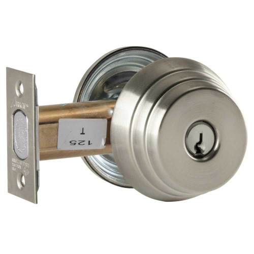 Arrow E62 15 CS Grade 2 Double Cylinder Deadlock Conventional Cylinder Satin Nickel Plated Clear Coated Finish Schlage C Keyway Field Reversible E62 15 CS