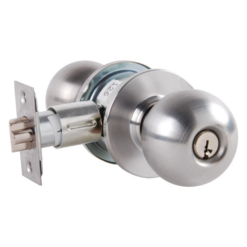 Arrow MK13-BD-26D Grade 2 Pushbutton Entrance Cylindrical Lock Ball Knob Conventional Cylinder Satin Chrome Finish Non-handed