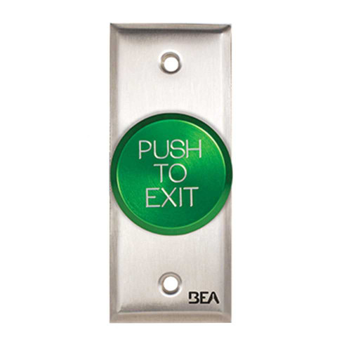 BEA 10ACPBDA11 Pneumatic Push Button Jamb plate oversized 1 5/8 Green button Push to Exit text 25 AMP 12 to 24 V AC/DC 10ACPBDA11