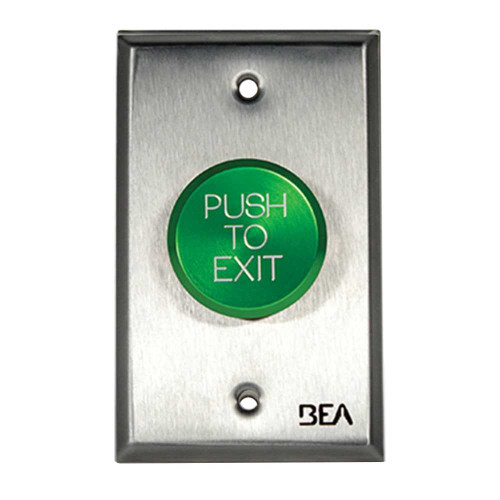 BEA 10ACPBDA12 Pneumatic Push Button Single gang plate oversized 1 5/8 Green button Push to Exit text 25 AMP 12 to 24 V AC/DC 10ACPBDA12