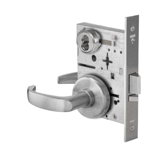 BEST 45H7D14H626TAC/O Grade 1 Storeroom Mortise Lock Outside Knob H Rose Tactile 14 Lever H Rose SFIC Housing Less Core Satin Chrome Finish Field Reversible 45H7D14H626TAC/O