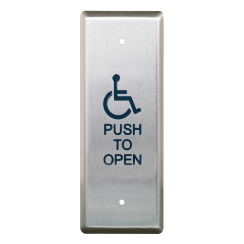Camden CM-25/4 Narrow Push Plate Switch Vertical Mounting N/O SPST Relay 'Push to Open' Text/Wheelchair Icon Momentary Satin Stainless Steel Finish CM-25/4