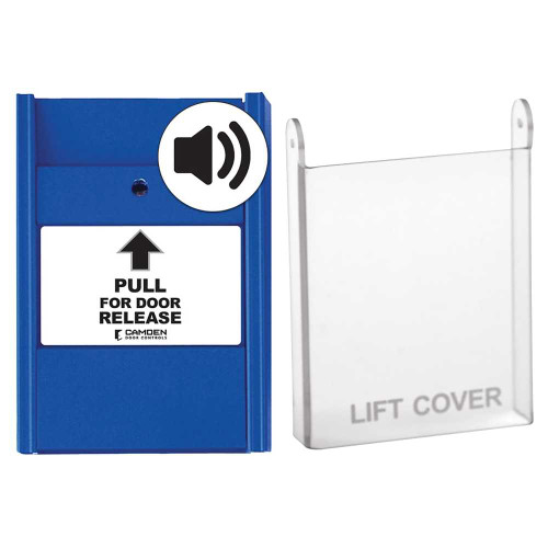 Camden CM-701SO-PC Pull Station Local Alarm Sounder Single Gang Mount Includes 1 N/C Switch Multiple Labels Clear Plastic Cover Blue Finish CM-701SO-PC