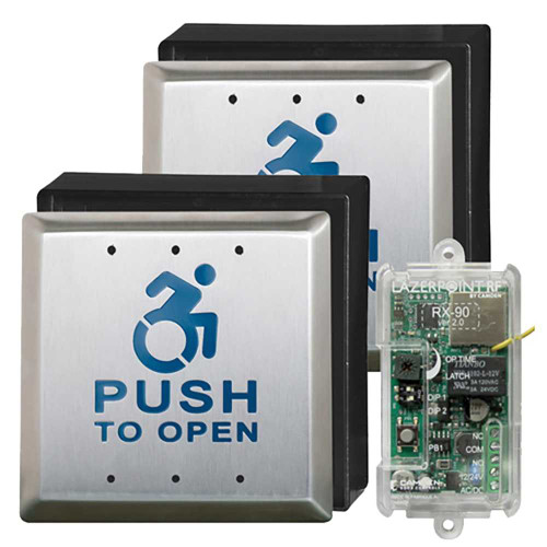 Camden CM-RFK45/A4 Kinetic Switch Kit 900 MHz No-Battery Wireless Door Control System Two Square Switches Two SurfaceMount Boxes One Single Relay Receiver ACTIVE WHEELCHAIR Symbol and PUSH TO OPEN Text Satin Stainless Steel CM-RFK45/A4