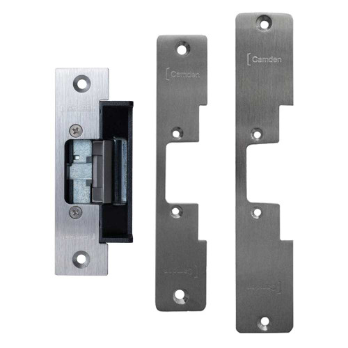 Camden CX-ED2079 Grade 1 Low Profile Electric Strike 12/24 VDC/AC Fail Safe/Fail Secure 5/8 Latch Projection Includes Multiple Faceplates For Cylindrical Locks Satin Stainless Steel Finish CX-ED2079
