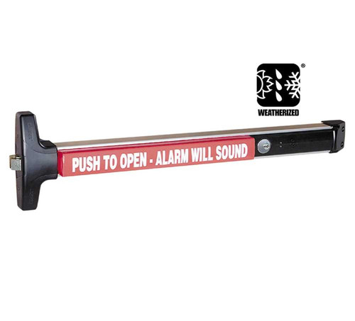 Detex 40 EB W CD 630 99 36 Advantex Narrow Stile Rim Exit Device Cylinder Dogging 99 Surface Strike Weatherized Battery Operated Alarm 36 Device Satin Stainless Steel Finish 40 EB W CD 630 99 36