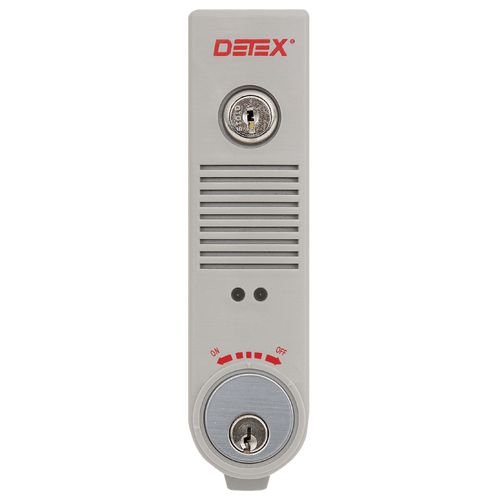 Detex EAX-502 MC65 GRAY Exit Alarm Surface Mount Battery Powered Manual Alarm Shut Off or 2 Min Auto Re-Arm Mortise Cylinder Gray Finish