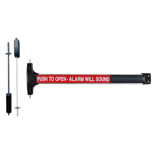 Detex FV50 EB LD 628 96 36X84 Value Series Wide Stile Surface Vertical Rod Exit Device Less Dogging 96 Surface Strike Battery Operated Alarm Fire Rated 36 Device for 84 Door Height Satin Aluminum Clear Anodized FV50 EB LD 628 96 36X84