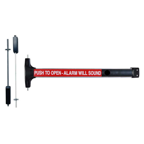 Detex V50 EA FC3 CD 628 96 36X84 Value Series Wide Stile Surface Vertical Rod Exit Device Cylinder Dogging 96 Surface Strike Hardwired Electric Alarm 36 In Device for 84 In Door Height Satin Aluminum Clear Anodized V50 EA FC3 CD 628 96 36X84