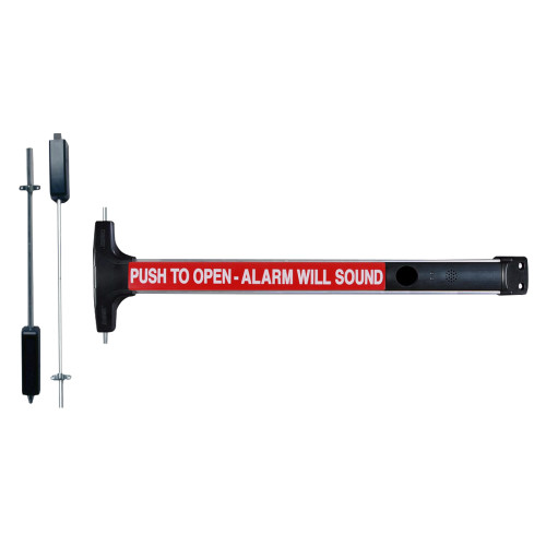 Detex V50 EE CD 628 96 36X96 Value Series Wide Stile Surface Vertical Rod Exit Device Cylinder Dogging 96 Surface Strike Delayed Egress 36 In Device for 96 In Door Height Satin Aluminum Clear Anodized