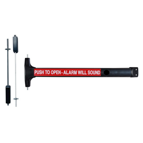 Detex V50 EE CD 711 96 36X84 Value Series Wide Stile Surface Vertical Rod Exit Device Cylinder Dogging 96 Surface Strike Delayed Egress 36 In Device for 84 In Door Height Satin Black Anodized Aluminum