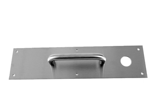 Don Jo CFC-7115-630 Pull Plate 050 by 4 by 16 with 6 CTC Pull 3/4 Diameter 6-3/4 Overall 2-1/4 Projection 1-1/2 Clearance And with 1-1/4 Cylinder Hole at 2-1/2 on Center From Top Satin Stainless Steel Finish