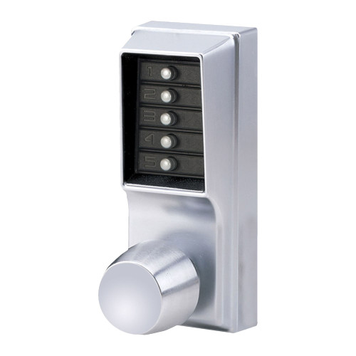 DormaKaba 1021B-26D-41-LO Grade 1 Pushbutton Cylindrical Knob Lock Combination Entry Function with Key Override Lockout Option 2-3/4 Backset 1/2 Throw Latch 6/7-Pin SFIC Prep Less Core Lockout Option Satin Chrome Finish Field Reversible