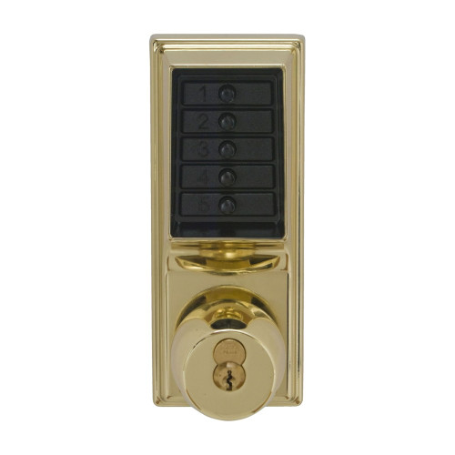 DormaKaba 1021C-03-41 Grade 1 Pushbutton Cylindrical Knob Lock Combination Entry Function with Key Override 2-3/4 Backset 1/2 Throw Latch Corbin Russwin 6-Pin LFIC Prep Less Core Bright Brass Finish Field Reversible