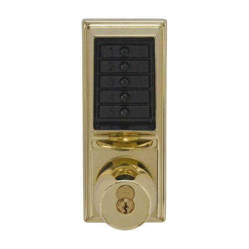 DormaKaba 1021C-03-41 Grade 1 Pushbutton Cylindrical Knob Lock Combination Entry Function with Key Override 2-3/4 Backset 1/2 Throw Latch Corbin Russwin 6-Pin LFIC Prep Less Core Bright Brass Finish Field Reversible 1021C-03-41