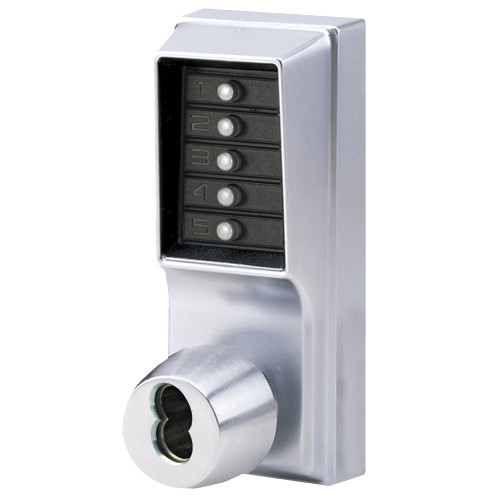 DormaKaba 1022S-26D-41 Grade 1 Pushbutton Cylindrical Knob Lock Combination Entry Function with Key Override 2-3/8 Backset 1/2 Throw Latch Schlage FSIC Prep Less Core Satin Chrome Finish Field Reversible