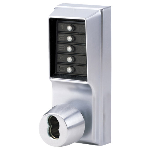 DormaKaba 1025B-26D-41 Grade 1 Pushbutton Cylindrical Knob Lock Combination Entry Function with Key Override 2-3/4 Backset 3/4 Throw Latch 6/7-Pin SFIC Prep Less Core Satin Chrome Finish Field Reversible