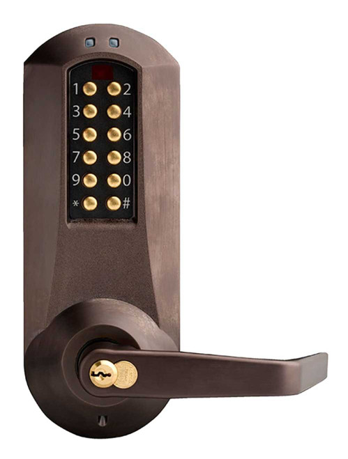 DormaKaba E5031BWL-744-41 E-Plex 5000 Cylindrical Lock Winston Lever 100 Access Codes 3000 Audit Events 6/7-Pin SFIC Prep Less Core 2-3/4 Backset 1/2 Throw Dark Bronze with Brass Accents E5031BWL-744-41