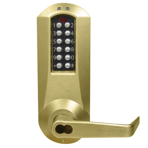 DormaKaba E5031MWL-606-41 E-Plex 5000 Cylindrical Lock Winston Lever 100 Access Codes 3000 Audit Events Medeco/Yale/ASSA/Abloy LFIC Prep Less Core 2-3/4 Backset 1/2 Throw Satin Brass