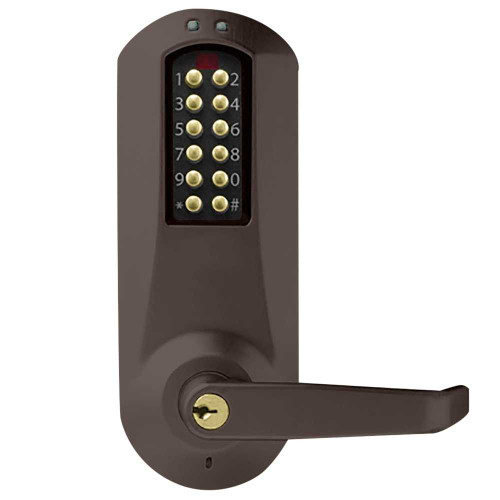 DormaKaba E5031XSWL-744-41 E-Plex 5000 Cylindrical Lock Winston Lever 100 Access Codes 3000 Audit Events KIL Schlage C Keyway 2-3/4 Backset 1/2 Throw Dark Bronze with Brass Accents E5031XSWL-744-41
