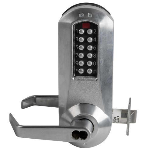 DormaKaba E5051SWL-626-41 E-Plex 5000 Cylindrical Lock with Privacy Winston Lever 100 Access Codes 3000 Audit Events Schlage FSIC Prep Less Core 2-3/4 Backset 1/2 Throw Satin Chrome E5051SWL-626-41